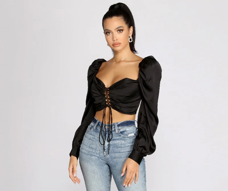 Hypoallergenic Blouses for Sensitive -Lace Up Peasant Cropped Blouse