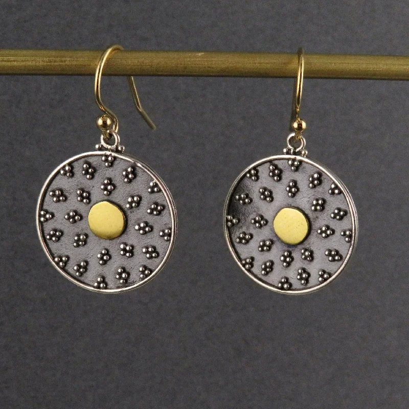 Pearl Drop Earrings for Elegance -Mixed Metal Mandala Disc Earrings