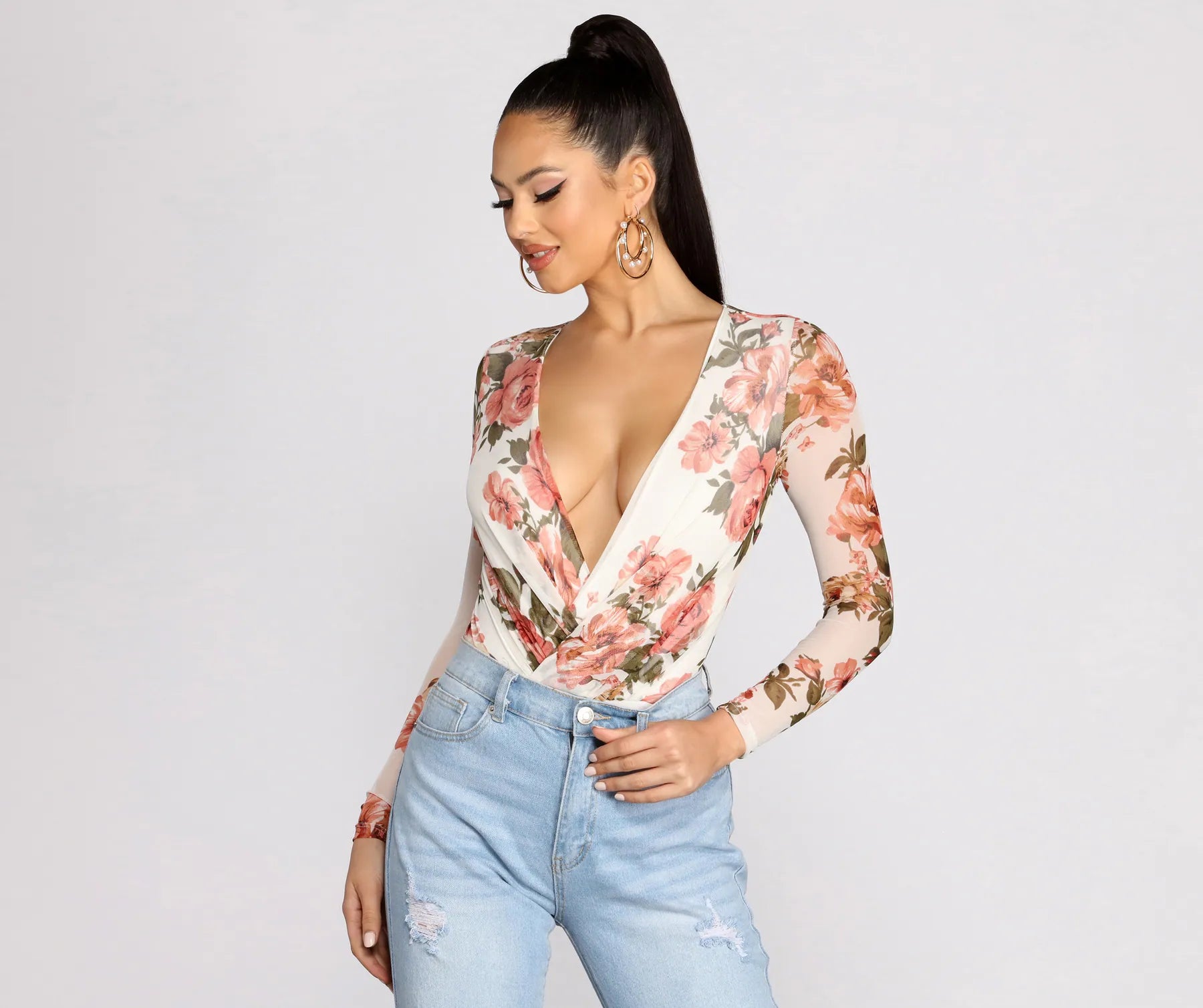 Sexy v-neck tight top for women with low-cut design and chic appeal-Fresh In Floral Mesh Bodysuit