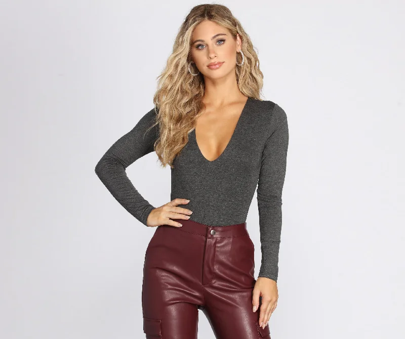 Sexy mesh tight top for women with see-through fabric and daring cut-Long Sleeve Knit Bodysuit