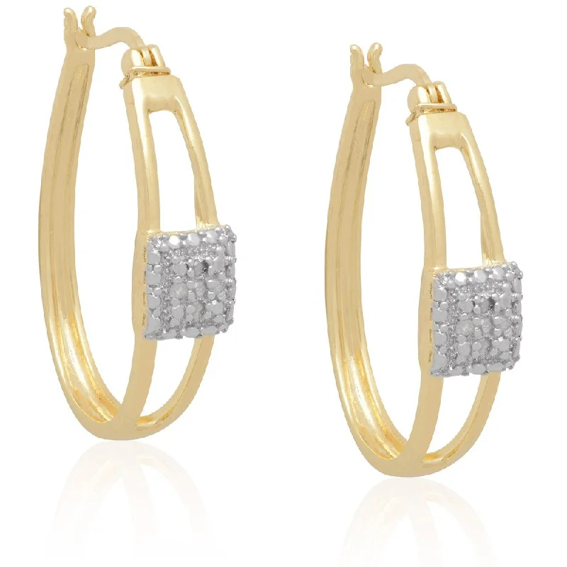 Floral Drop Earrings with Petals -Finesque Two Tone Sterling Silver Diamond Square Design Hoop Earrings