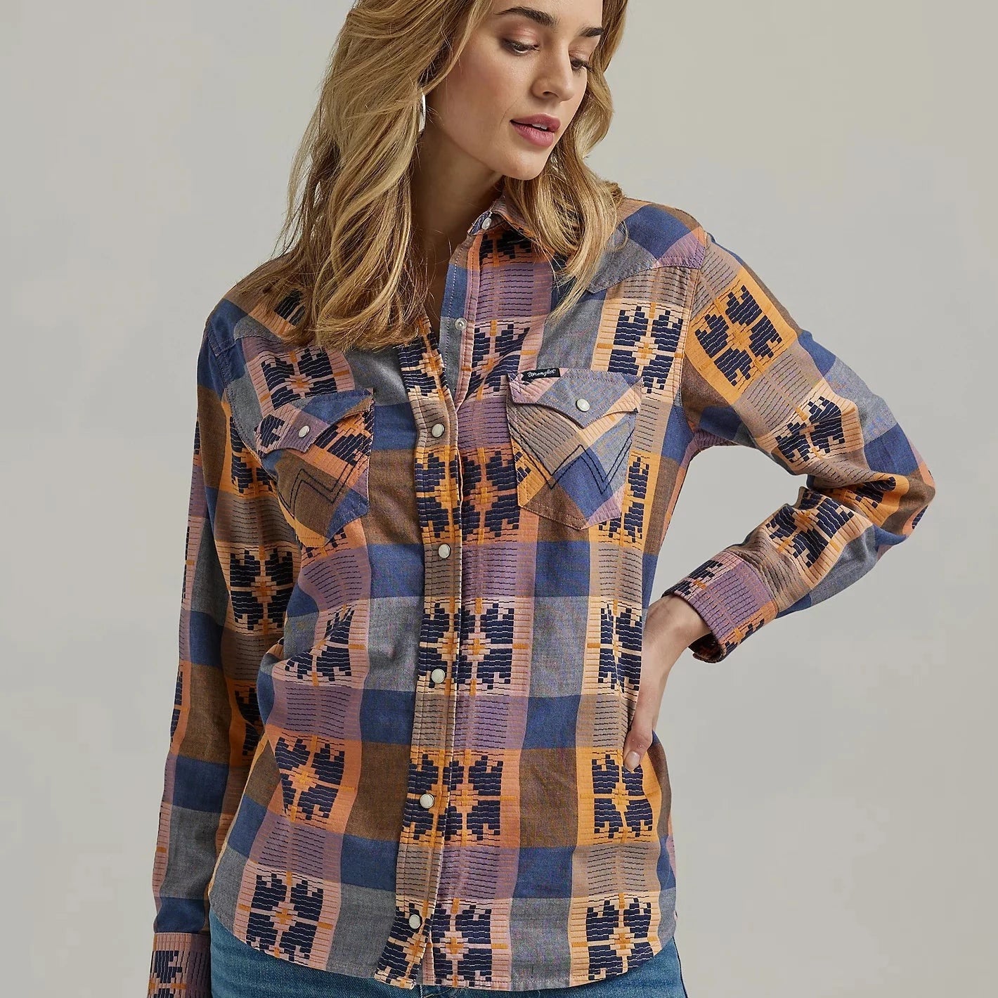 Green Blouses for Nature -Wrangler Retro Women's Boyfriend Fit Long Sleeve Western Snap Shirt in Indigo Quilt