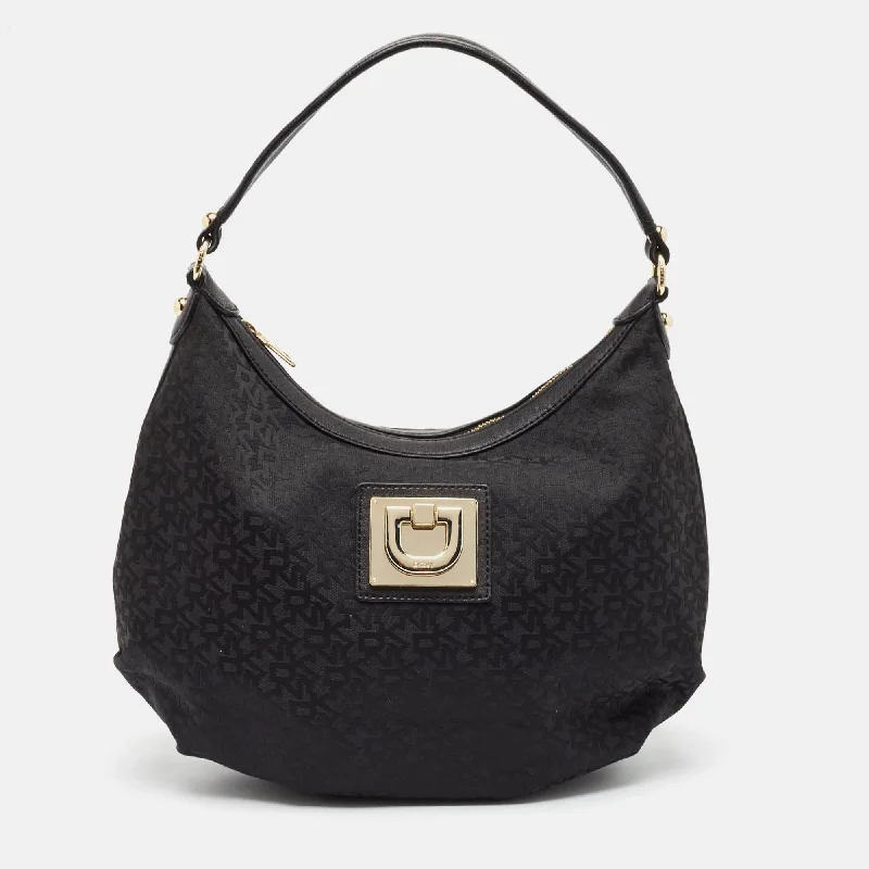 Handle bags with sleek zippers for closure -Dkny Black Monogram Canvas And Leather Zip Hobo