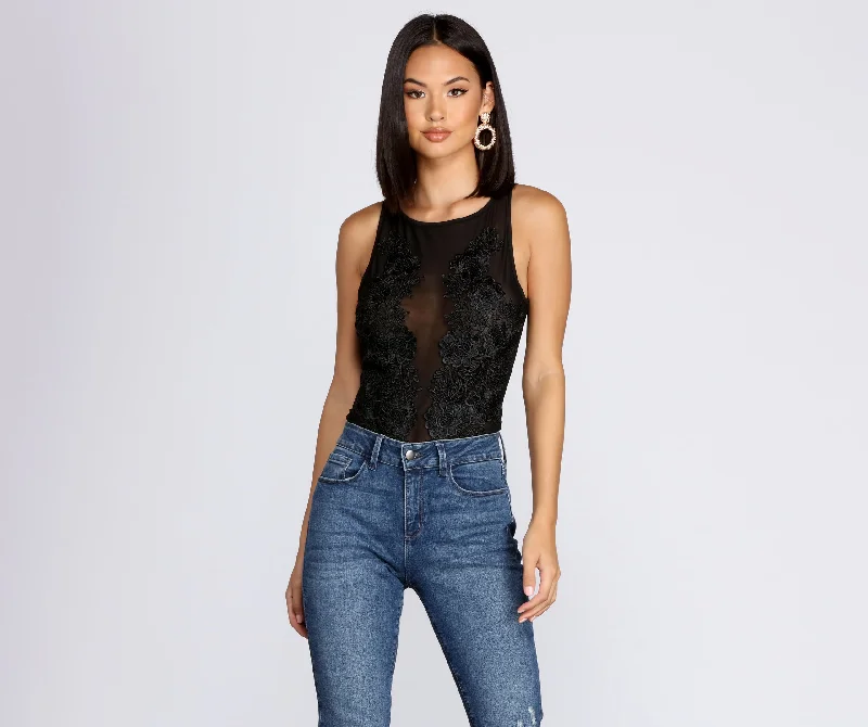 Tight off-shoulder top for women with trendy cut and elegant fit-Floral Fantasy Mesh Bodysuit