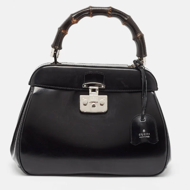 Handle bags with double handles for strength -Gucci Black Glossy Leather Bamboo Lady Lock Top Handle Bag