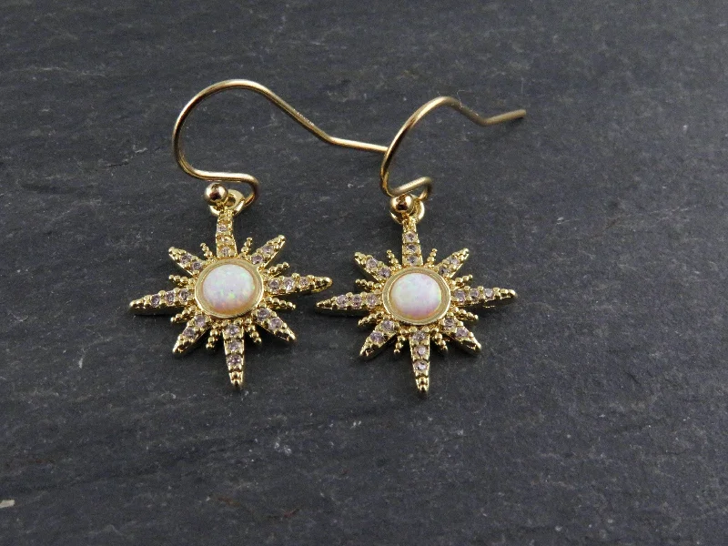 Celtic Drop Earrings with Knotwork -Gold Opal Starburst Earrings