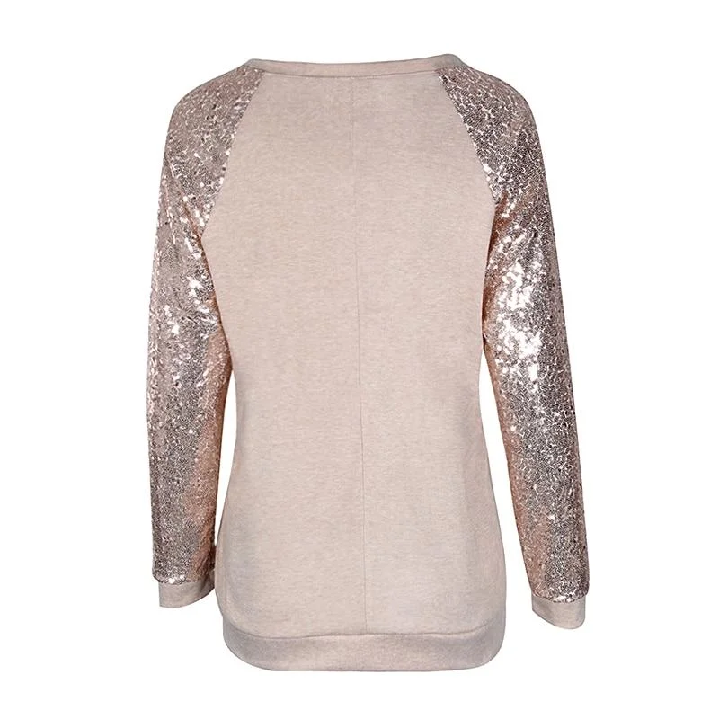 Heavy Duty Blouses for Durable -Casual Spring Sequined Loose O-Neck T-Shirt with Long Sleeve for Women