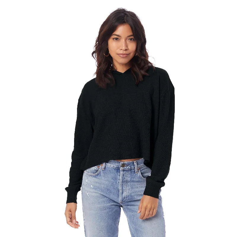 Leverback Blouses for Comfort -Thermal Relaxed Cropped Hooded Shirt (Black)