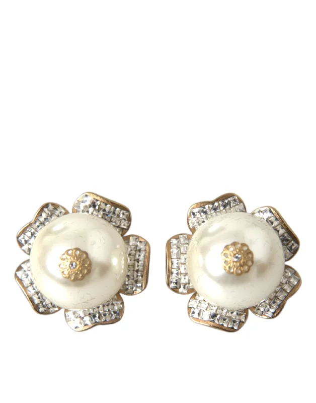 Drop Earrings for Travel Look -Dolce & Gabbana  Tone Maxi Faux ivory Floral Clip-on Jewelry Women's Earrings (Pre-Owned)