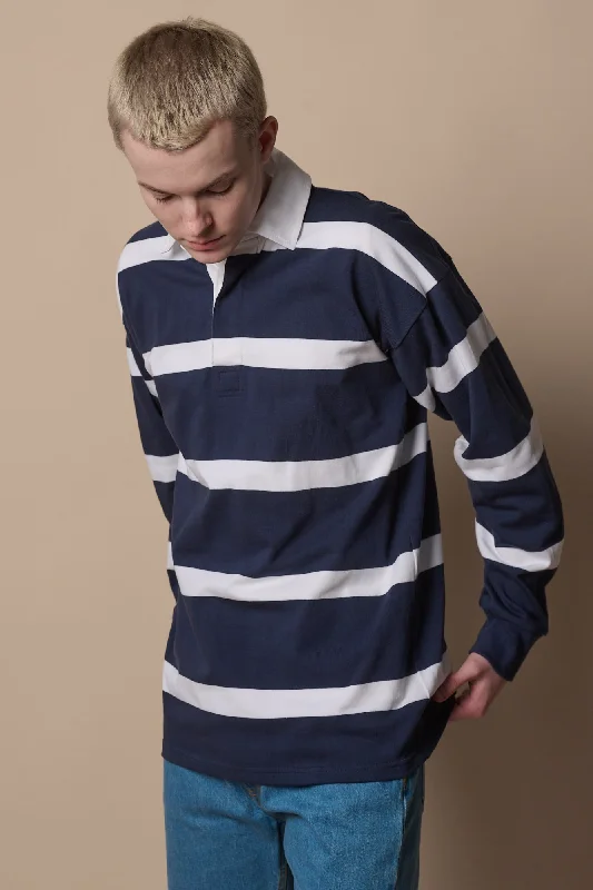 Long Sleeve Blouses for Coverage -Fine Striped Rugby Shirt - Navy/White