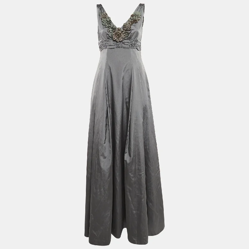 Handle bags with laptop sleeves for work -Moschino Vintage Grey Floral Detail Neck Silk Blend Pleated Gown M