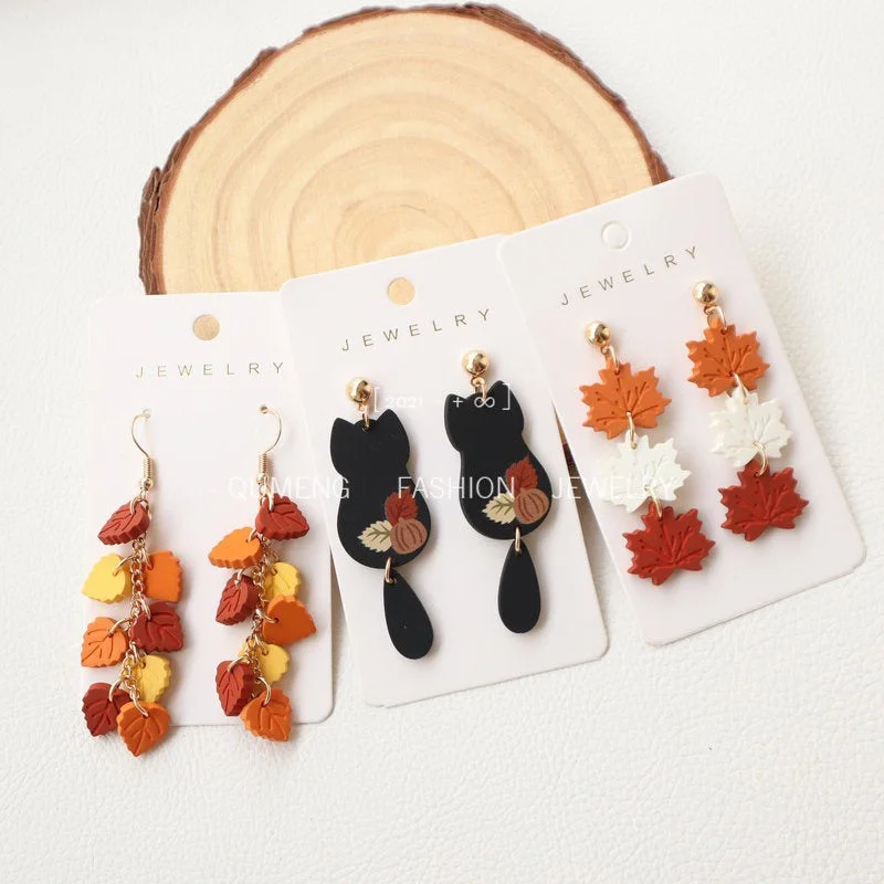 Drop Earrings for Work Attire -Wholesale Imitation Soft Pottery Hand Feel Spray Painted Acrylic Cat Maple Leaf Earrings