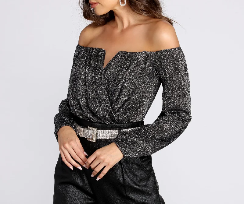 Vintage tight top for women with retro flair and flattering fit-Off The Shoulder Glitter Knit Bodysuit