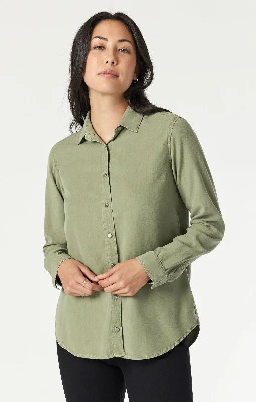 Vintage Blouses for Nostalgia -SHELBY SEMI-FITTED SHIRT IN OIL GREEN SUPERSOFT CHIC