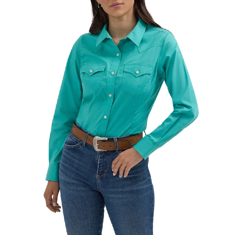 Crop Blouses for Youthful -Wrangler Womens Long Sleeve Blue Shirt - 112358060