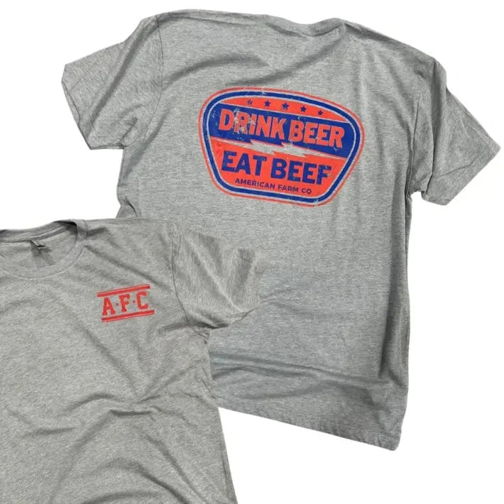 Polo Shirts for Sporty Look -American Farm Co. "Drink Beer, Eat Beef" T-Shirt in Heather Grey