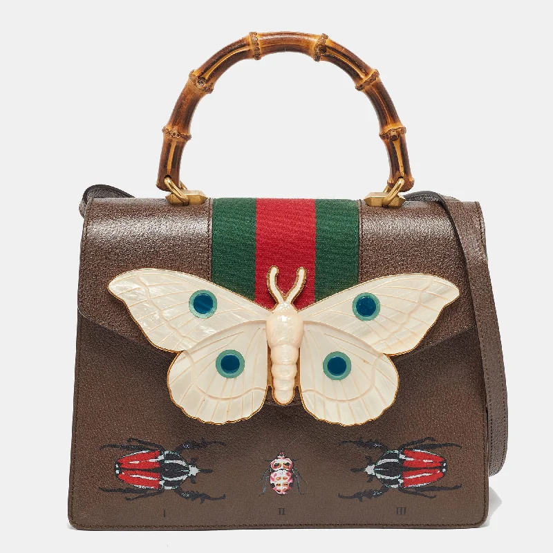 Handle bags with eco-friendly bamboo handles -Gucci Brown Leather Medium Bamboo Web Falena Top Handle Bag