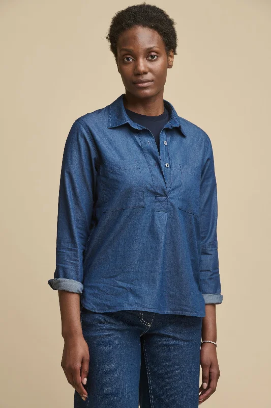 Satin Blouses for Luxurious -Women's Olivia Half Placket Lightweight Denim Shirt - Indigo