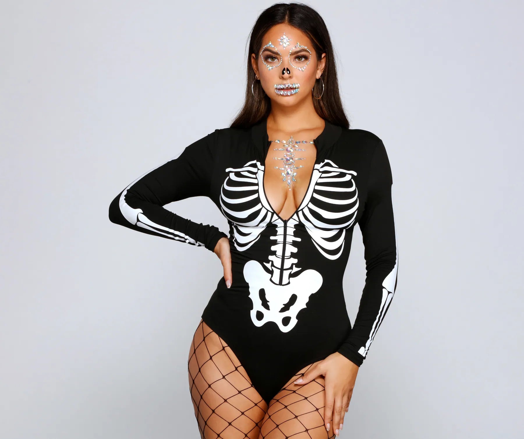 Soft tight top for women with cotton blend and comfortable wear-Spooktacular Skeleton Print Bodysuit