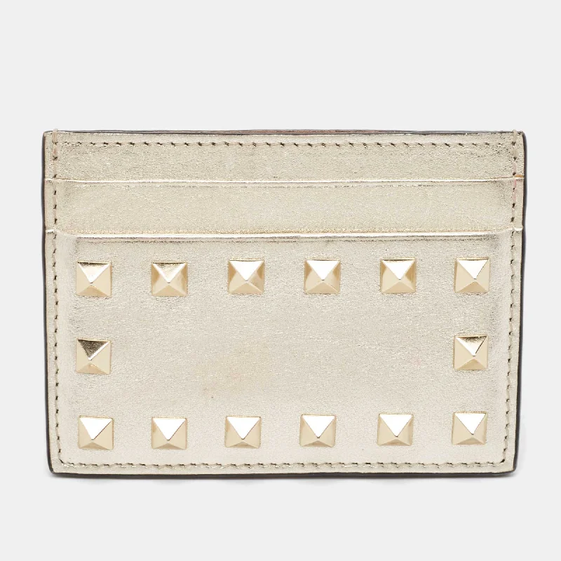 Handle bags with tropical prints for summer -Valentino Light Gold Leather Rockstud Card Case