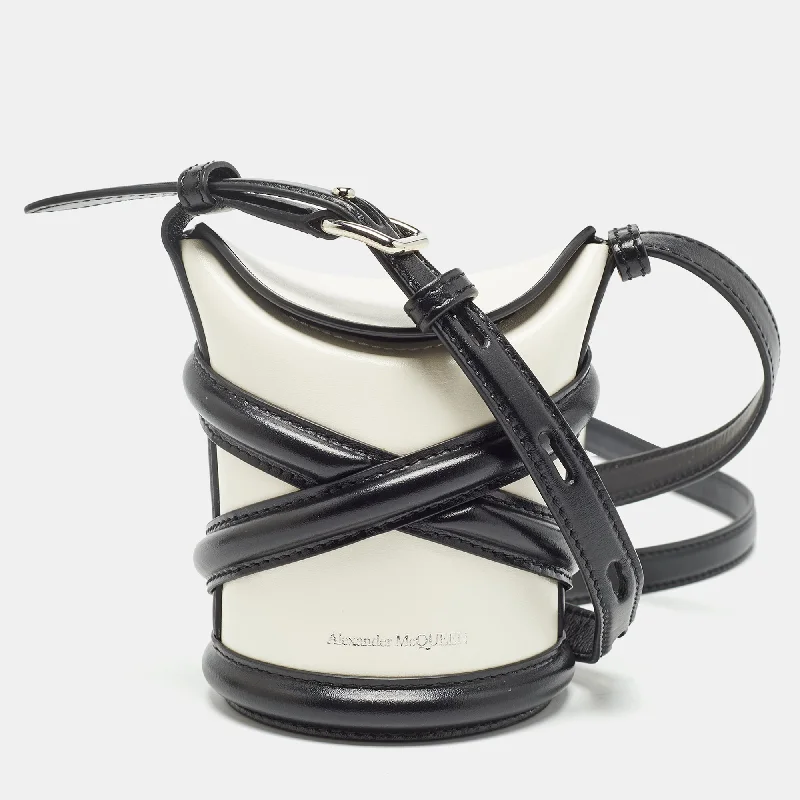 Handle bags with sturdy leather grip accents -Alexander Mcqueen Black/white Leather Mini The Curve Bucket Bag