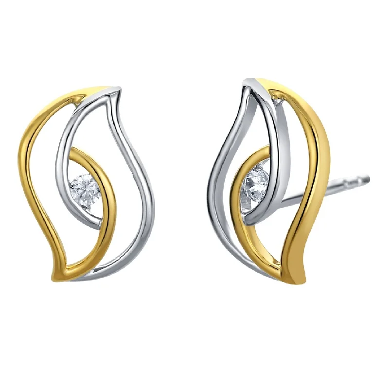 Drop Earrings for Engagement Party -Two-Tone Sterling Silver Cubic Zirconia Double Swirled Teardrop Earrings