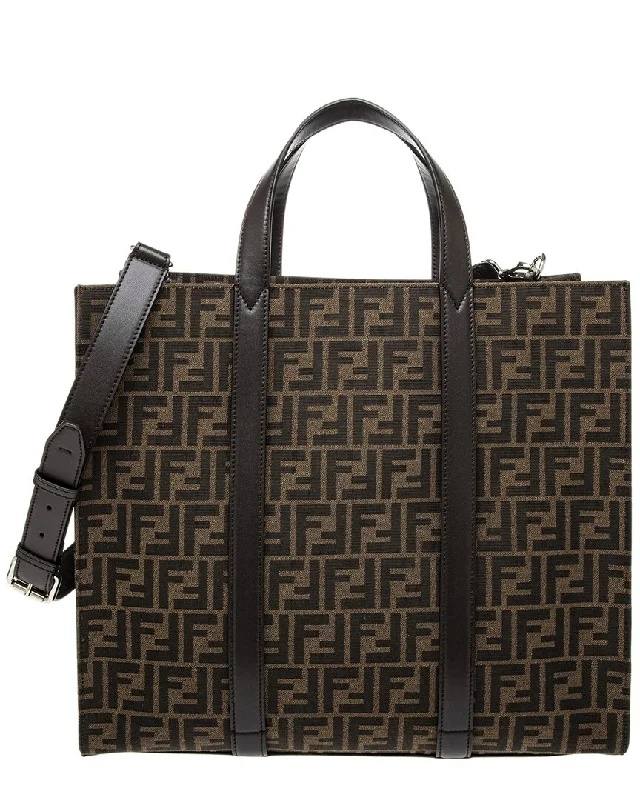 Designer handle bags with luxury logo detailing -FENDI FF Jacquard Leather-Trim Tote