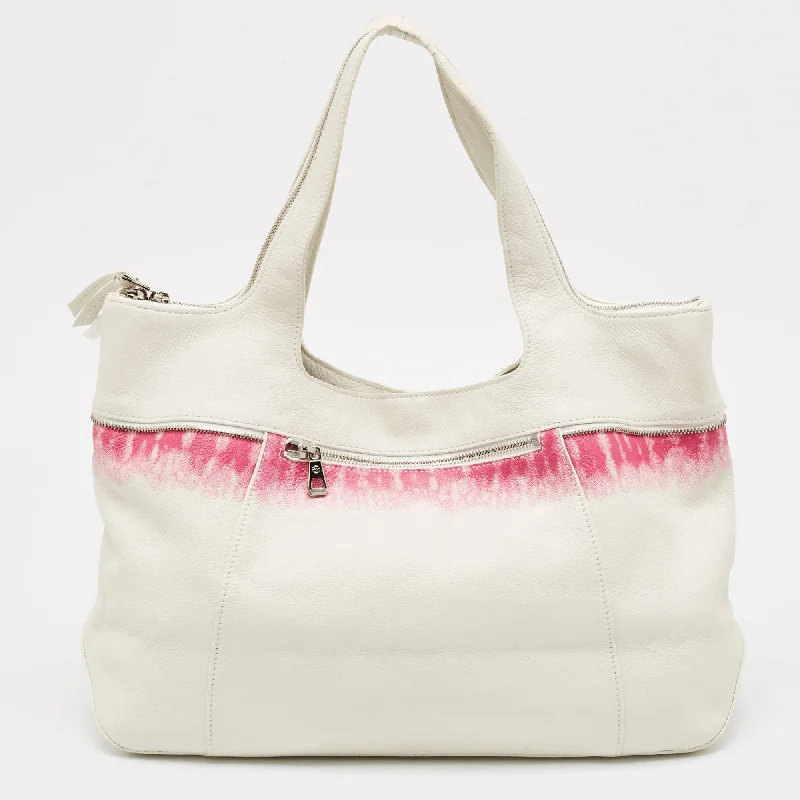 Handle bags with denim fabric for casual -Longchamp White/fuchsia Leather Zip Details Tote