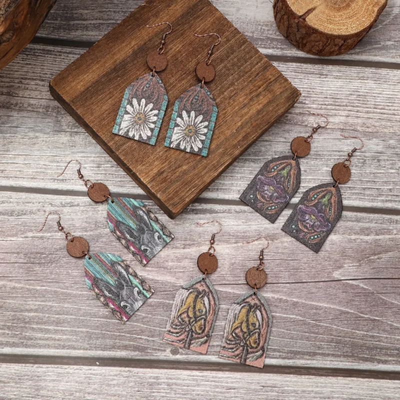 Drop Earrings with Polished Shine -Wholesale Western Style Wooden Bull Head Flower Pattern Earrings