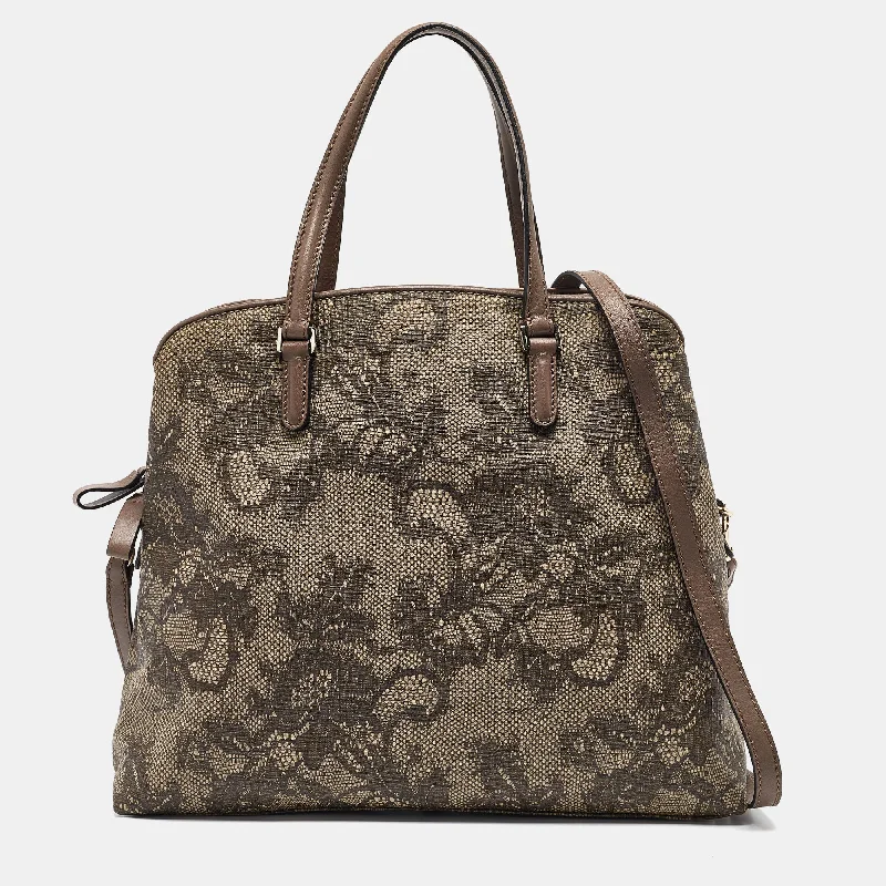 Handle bags with spacious interiors for storage -Valentino Beige Lace Print Leather Zip Satchel