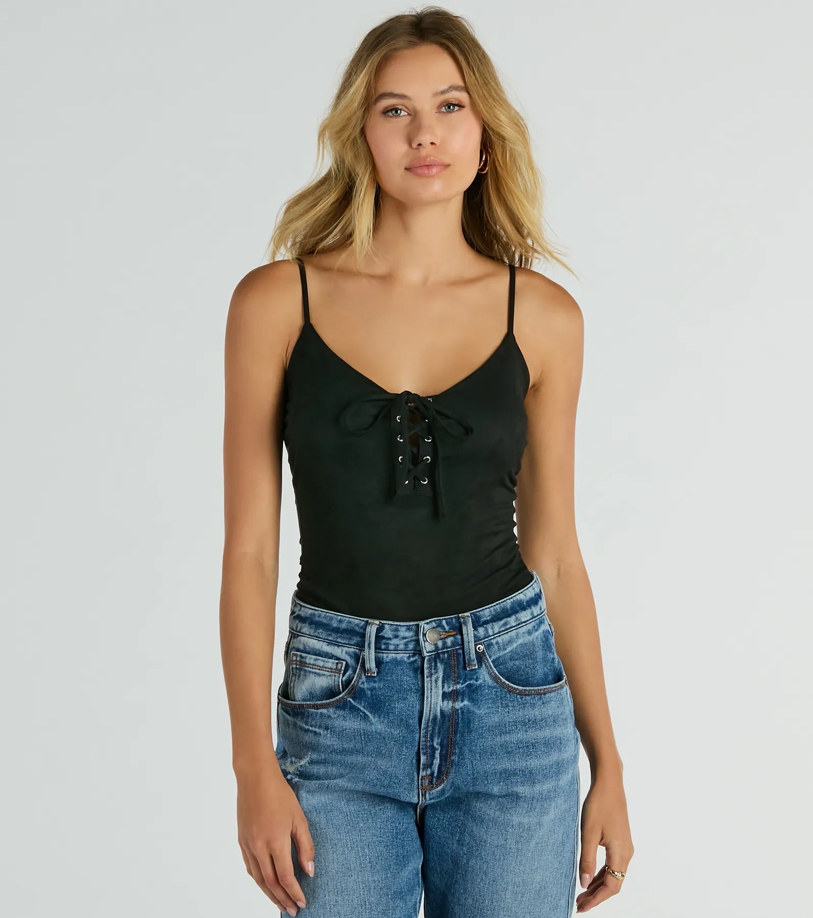 Tight halter top for women with sleek straps and flattering cut-Lace Me Up Sleeveless Faux Suede Bodysuit