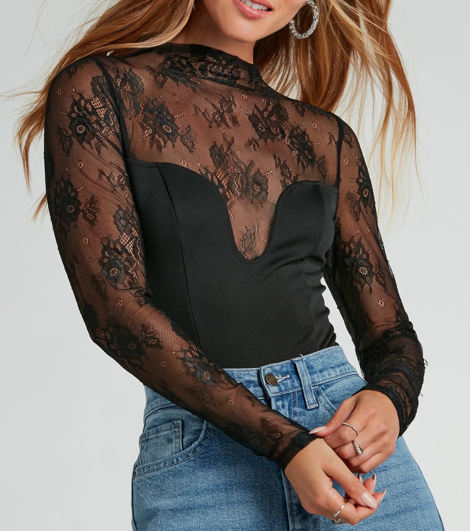 Loose fit tight top for women with relaxed sleeves and comfortable wear-Sultry Allure Long Sleeve Sheer Lace Bodysuit