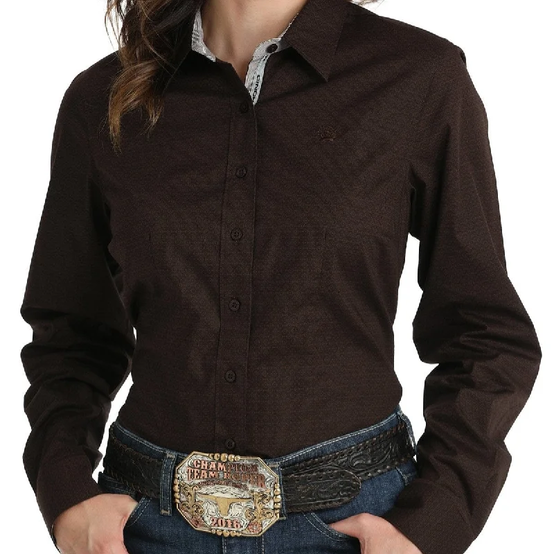 Plus Size Blouses for Curvy -Cinch Women's L/S Tonal Geometric Diamond Western Button Down Shirt in Brown