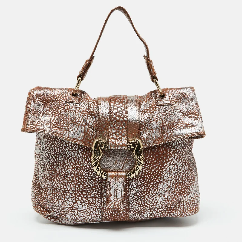 Handle bags with monogram designs for personalization -Bvlgari Brown/silver Leather Leoni Top Handle Bag