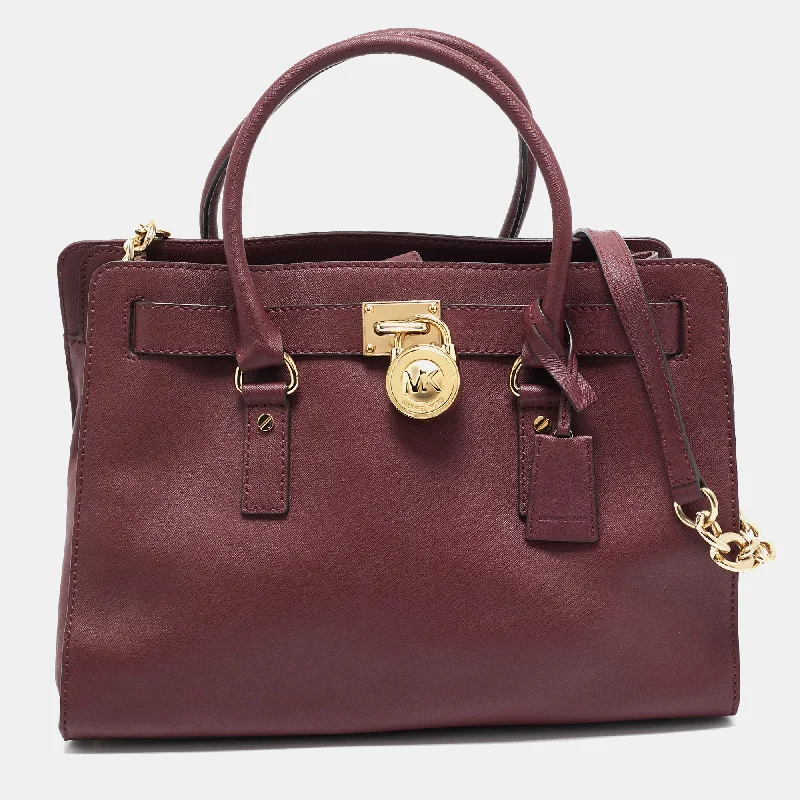 Handle bags with denim fabric for casual -Michael Kors Burgundy Leather Large East West Hamilton Tote