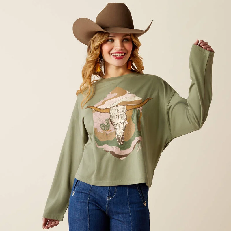 Peplum Blouses for Feminine -Ariat Women's Wanderer Boxy Crop L/S T-Shirt in Sea Spray