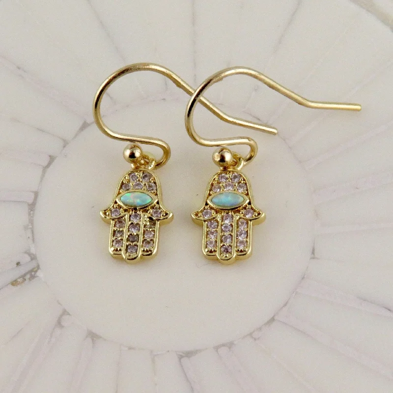 Magnetic Closure Drop Earrings for Easy -Bright Opal Hamsa Earrings