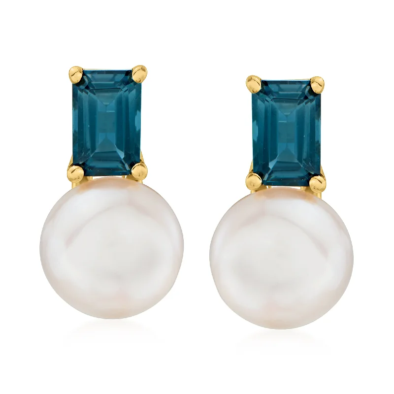 Long Drop Earrings for Dramatic -Ross-Simons 8-8.5mm Cultured Pearl and London Blue Topaz Earrings in 18kt Gold Over Sterling