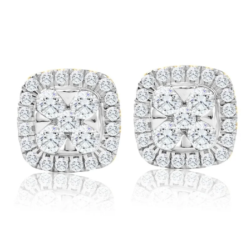 Magnetic Closure Drop Earrings for Easy -1Ct T.W. Pave Diamond Cushion Halo Studs 10k Yellow Gold Lab Grown Earrings