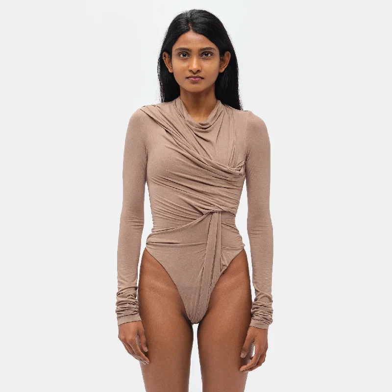 Comfortable cotton tight top for women with breathable fabric and snug fit-Encase Bodysuit in Tan