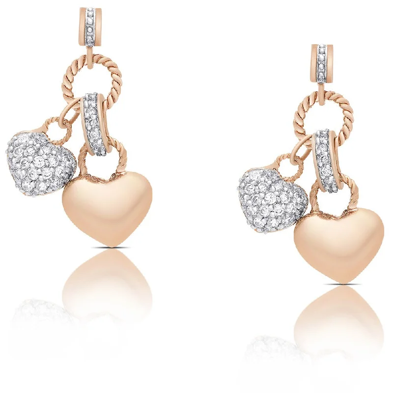 Magnetic Closure Drop Earrings for Easy -Samantha Stone Rose Gold Over Sterling Silver Cubic Zirconia Double Heart Dangle Earrings