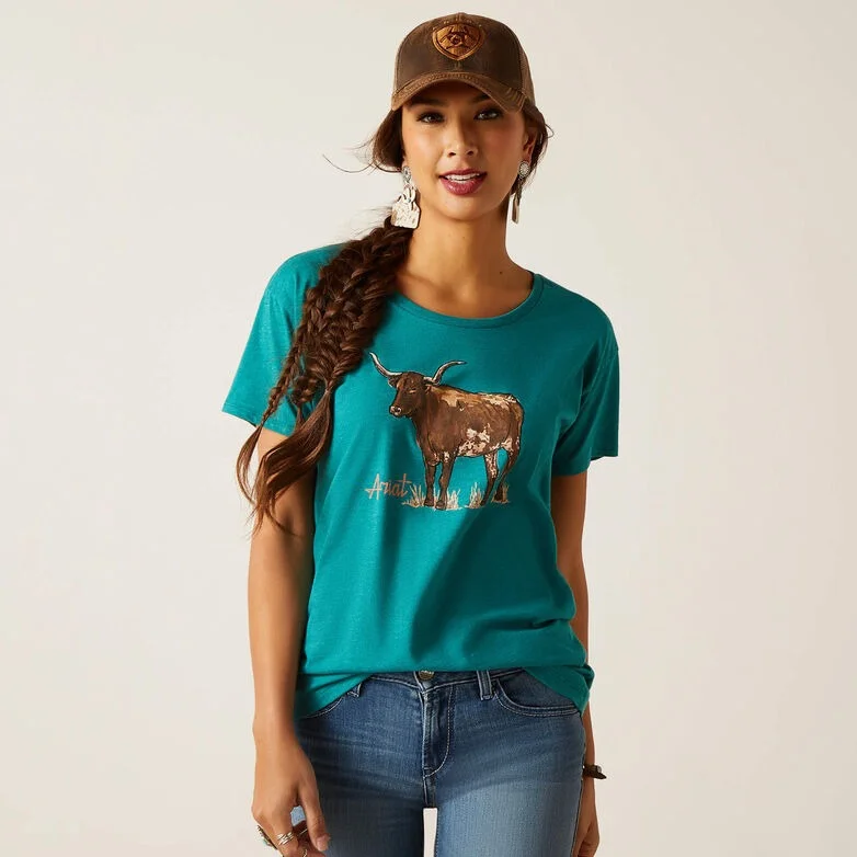 Yellow Blouses for Bright -Ariat Women's Longhorn Watercolor T-Shirt in Teal Green Heather