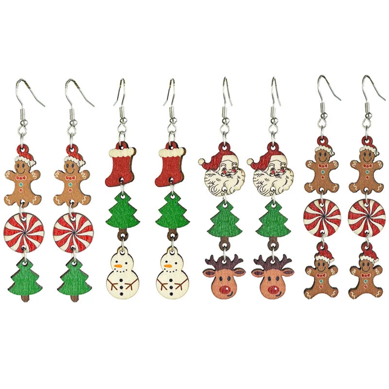 Drop Earrings for Work Attire -Wholesale 2pairs/pack Christmas Wooden Gingerbread Man Christmas Tree Snowman Atmosphere Fawn Drop Earrings