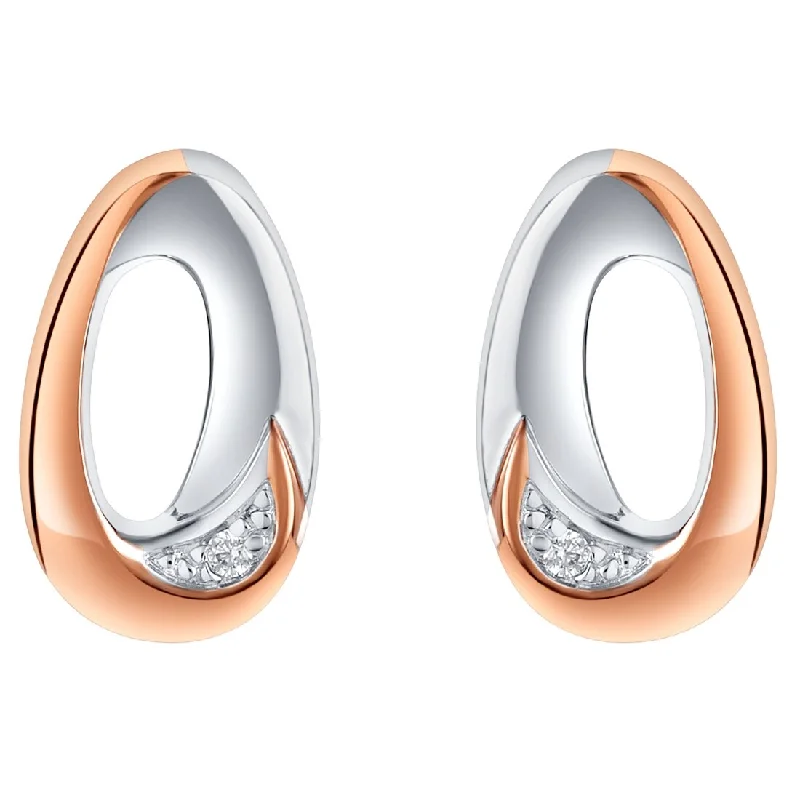 Drop Earrings with Leaf Motifs -Two-Tone Sterling Silver Cubic Zirconia Open Ellipse Earrings