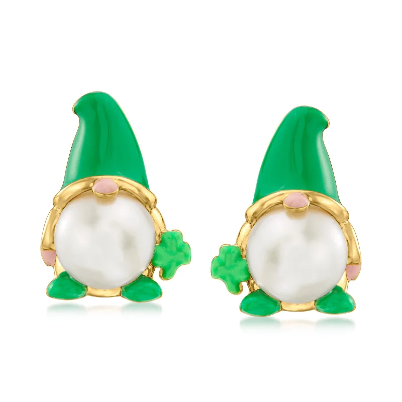 Drop Earrings for Graduation Day -Ross-Simons 8-8.5mm Cultured Pearl and Green Enamel St. Patrick's Day Gnome Earrings in 18kt Gold Over Sterling