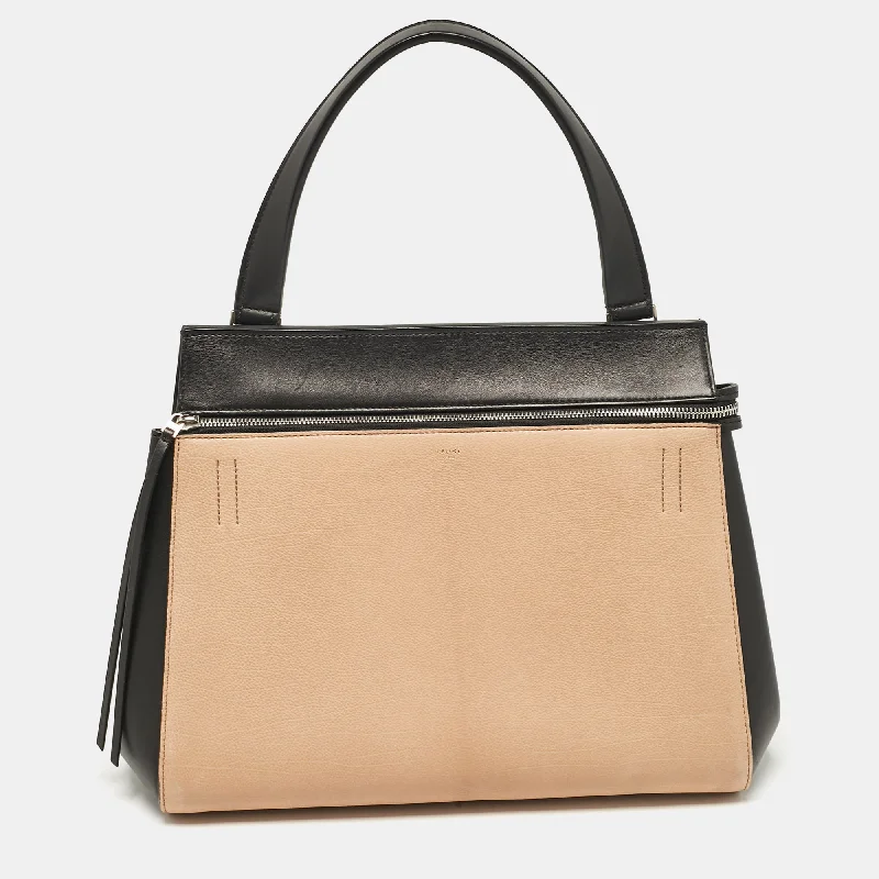 Handle bags with subtle embroidery for detail -Celine Black/beige Leather Medium Edge Top Handle Bag