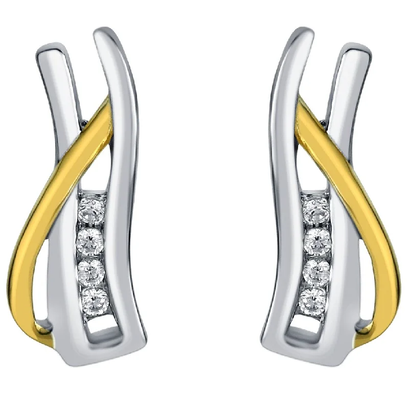 Drop Earrings for Shopping Trip -Two-Tone Sterling Silver Cubic Zirconia Ribboned Bar Earrings