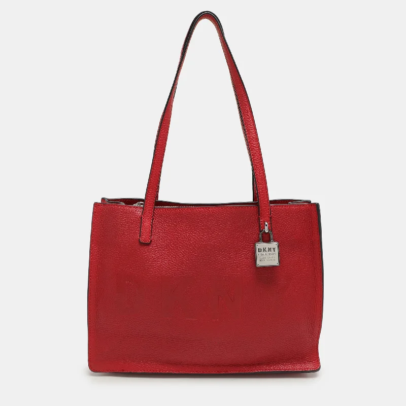 Handle bags with rugged canvas for outdoors -Dkny Red Leather Logo Embossed Tote