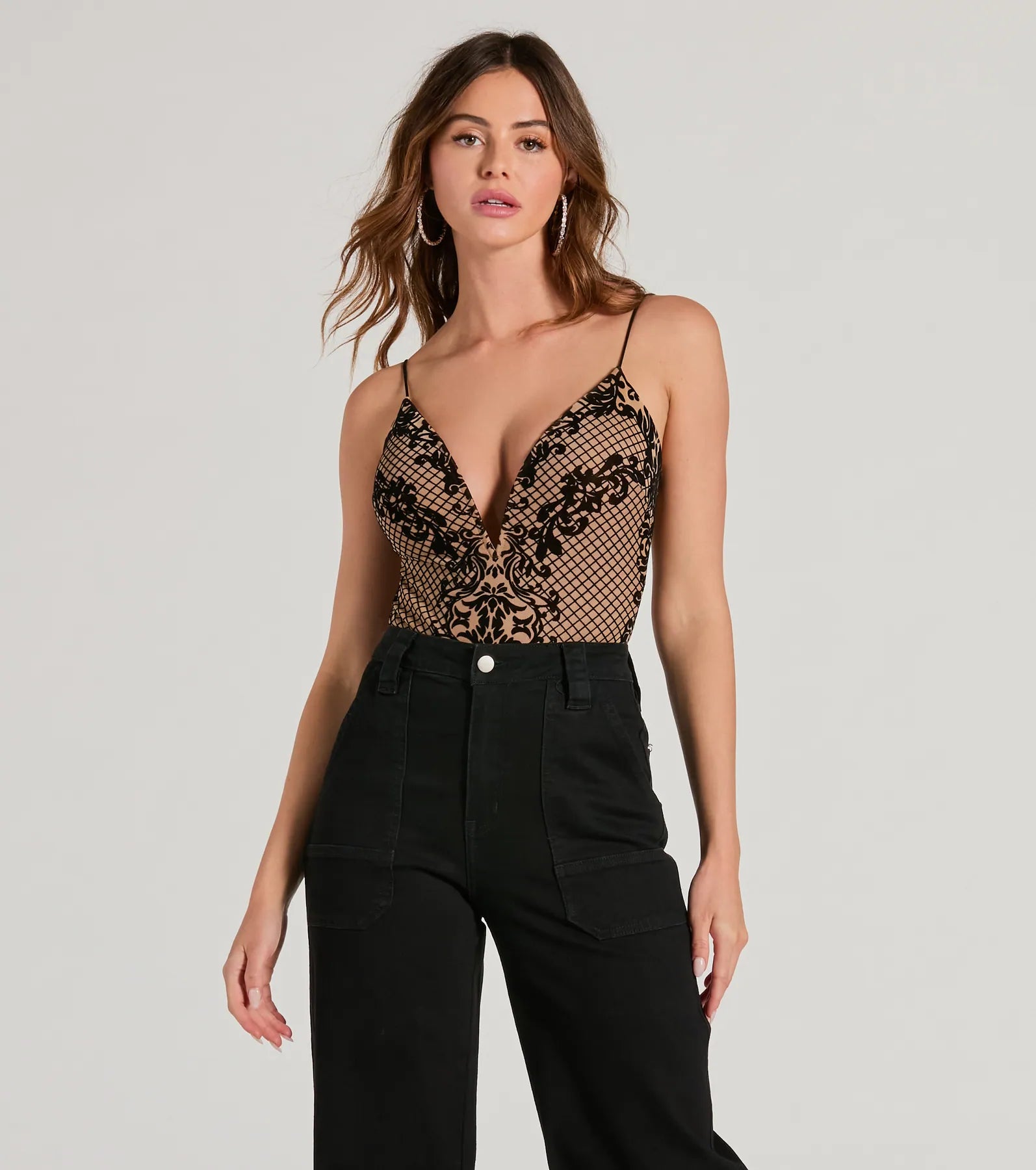 Sexy backless tight top for women with bold cut and modern design-Date Night Muse Plunge V-Neck Velvet Burnout Bodysuit