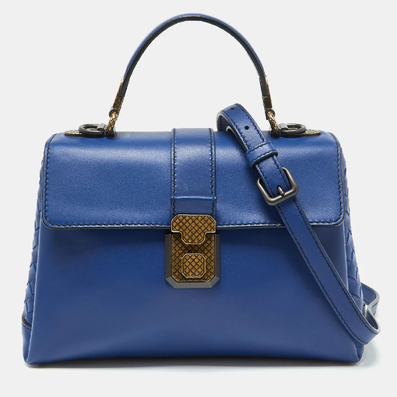 Handle bags with holiday themes for festivities -Bottega Veneta Blue Leather Small Piazza Top Handle Bag